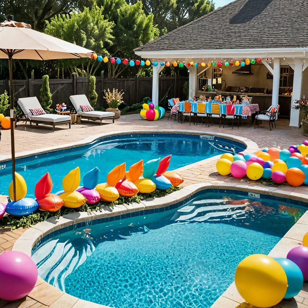 A lively poolside scene with friends and family playing water games, kids splashing in the pool, a BBQ grill with sizzling food, and people lounging on colorful pool floats. Bright decorations and fairy lights create a festive atmosphere. Super-realistic. Vibrant colors. Sunny day.