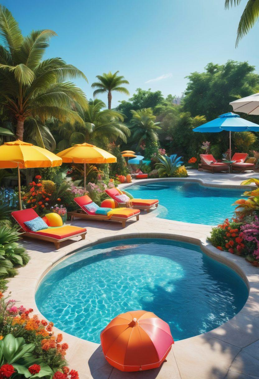 A serene poolside scene with clear blue water, colorful inflatable pool toys, and sun loungers shaded by large, bright umbrellas. People are relaxing, reading, and having fun in the pool, with children splashing around. The area is surrounded by lush greenery and flowers, creating a peaceful and inviting atmosphere. super-realistic. vibrant colors. sunny day.