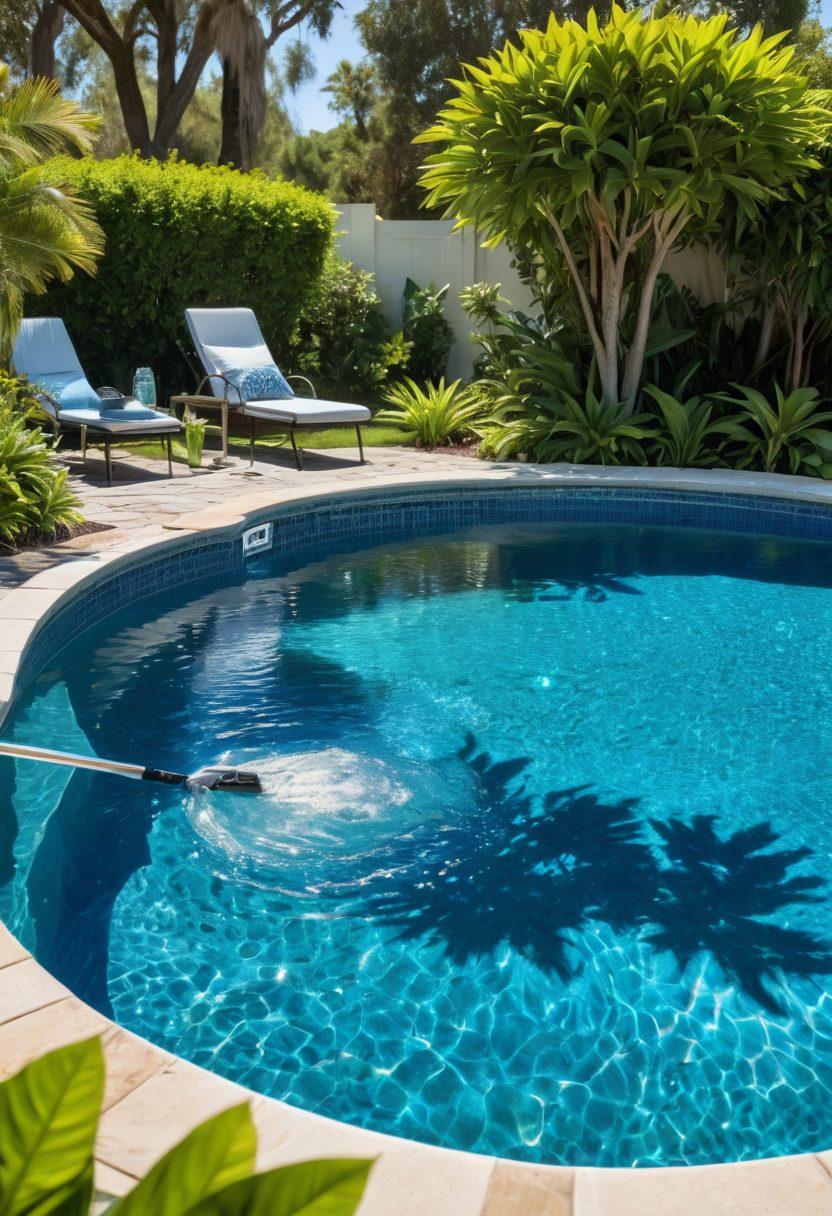 A crystal-clear, sparkling blue pool set in a lush backyard, with pool maintenance tools like a skimmer, brush, and pool vacuum neatly arranged by the side. Show sunlight reflecting off the water, giving it a pristine, inviting look. Include a happy family in swimwear enjoying the pool safely. vibrant colors. super-realistic.